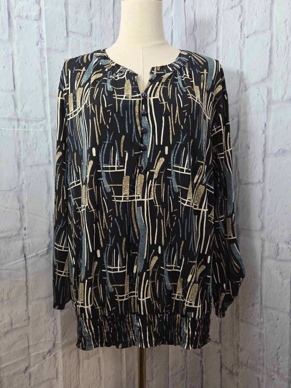 Notations Woman 3X Black Abstract Print Button Smocked Hem Longsleeve Blouse